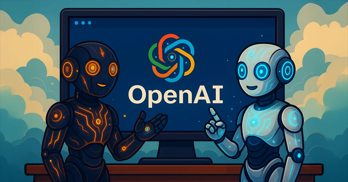 Zwei Roboter zeigen auf das OpenAI Betriebssystem